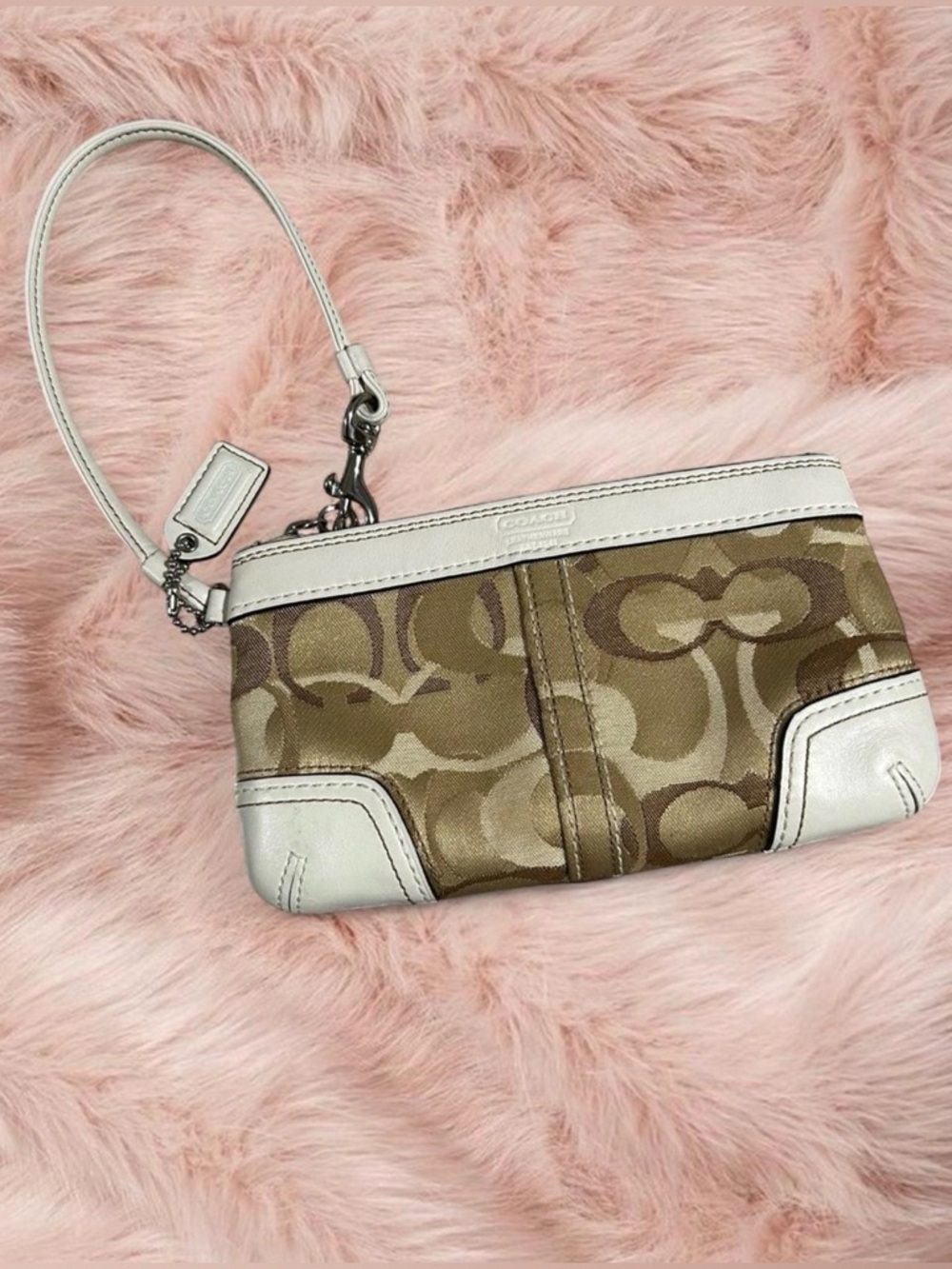 Y2K Coach Signature Canvas Wristlet in Tan and White